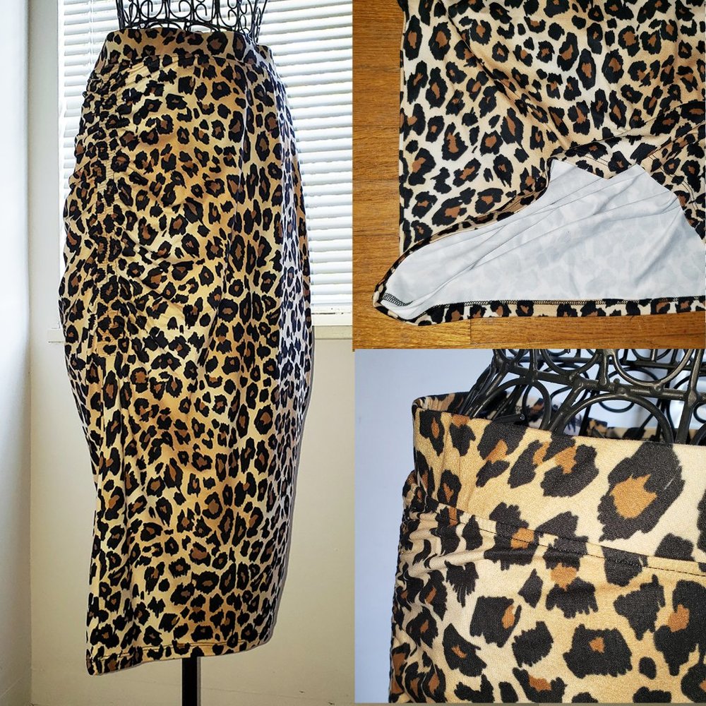 Glam Faux Leopard Big Cat Print Bodycon Ruched Midi Skirt L GILI